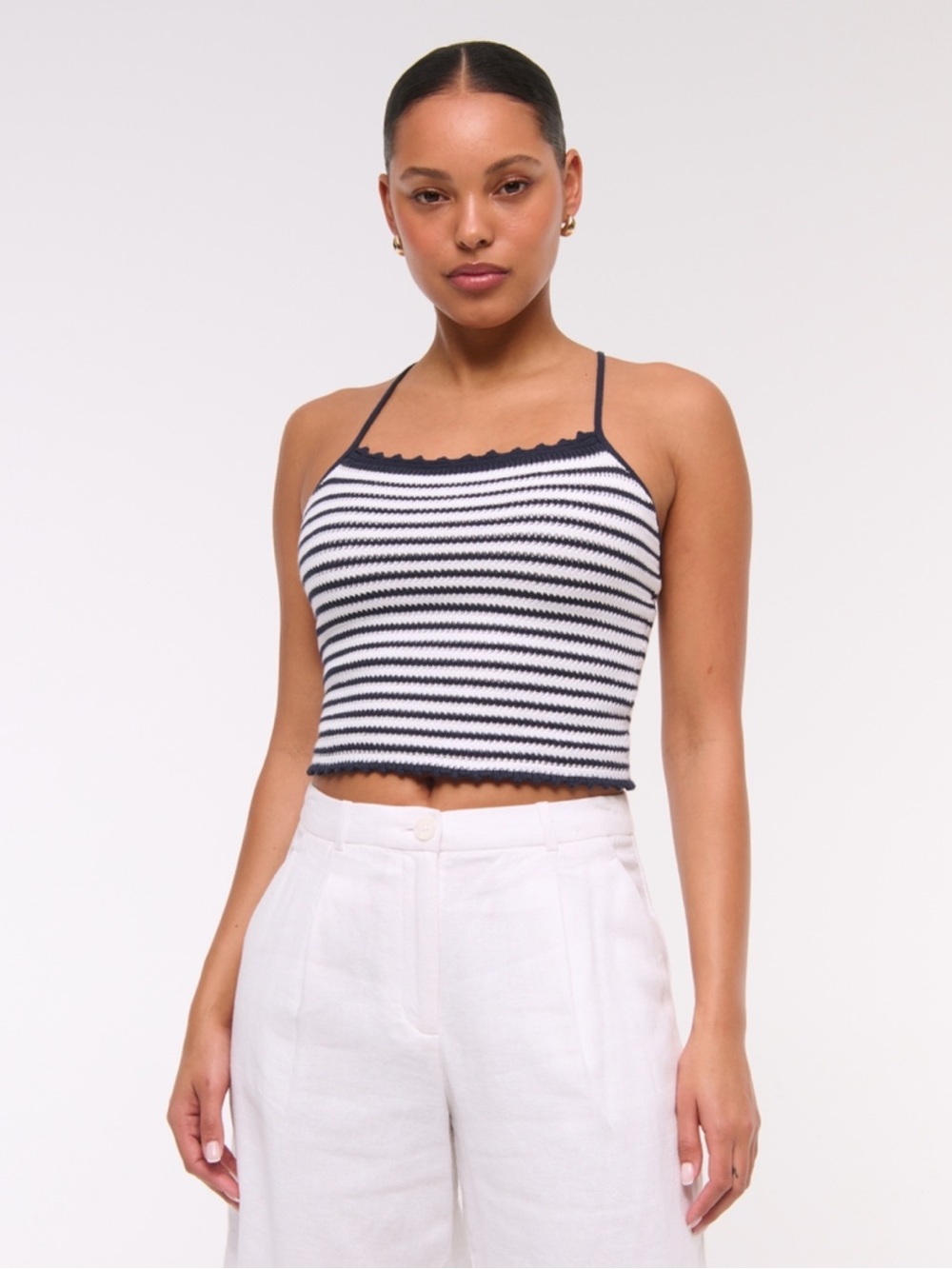 Abercrombie & Fitch Navy and White Striped Cropped Halter Tank